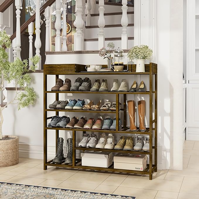 Bamworld Shoe Rack for Front Door Entrance Bamboo Shoe Organizer with Storage Box Free Standing Shoe Cabinet Wooden Shoe Storage Shelf for entryway, Closet and Doorway (Dark Brown)-NeatNest