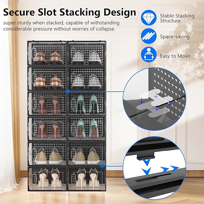 12 Pack Large Modular Clear Plastic Stackable Shoe Storage Organizer for Closet, Space Saving Versatile Sneaker Shoe Rack Containers Bins Holders, Portable Closet Organizers and Storage, Black-NeatNest