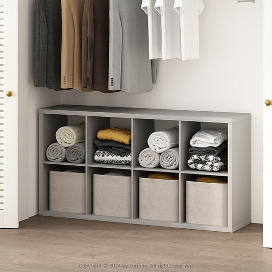 Furinno Cubic Open Back Multipurpose Clothing & Closet Storage Organizer Shelf, 8-Cube, Light Grey
