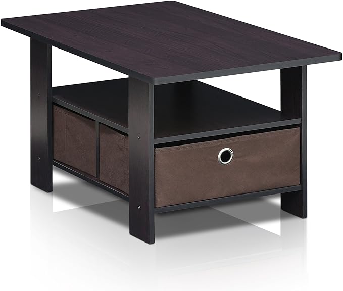 Furinno Andrey Coffee Table with Bin Drawer, Dark Walnut-NeatNest