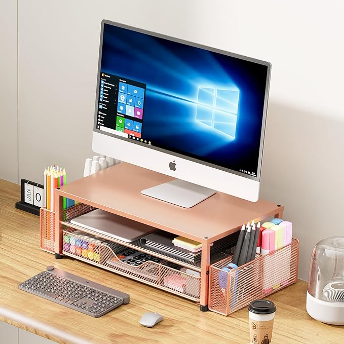 Desk Organizers and Accessories, 2-Tier Computer Monitor Stand Riser with Drawer and 2 Pen Holders, Laptop Stand, Office Desk Accessories for Office Supplies, Rose Gold