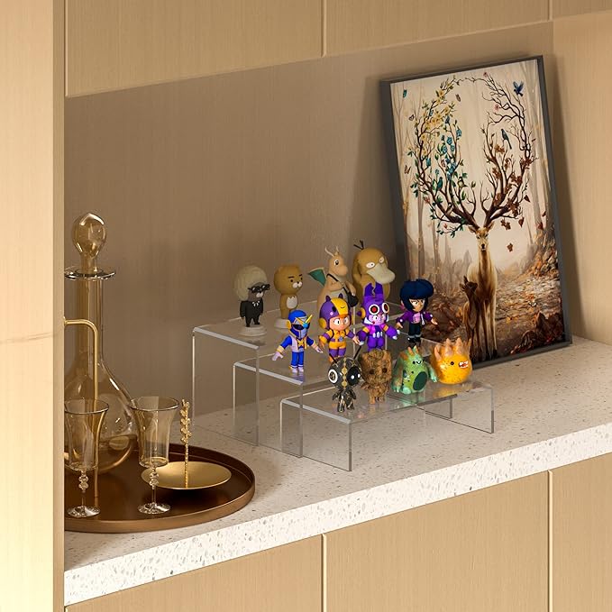 Clear Riser Shelf 3pcs, Desktop Rectangular Acrylic Display Shelves Organizer, Acrylic Stands for Funko Pop Figure, Perfumes, Bags, Shoes, Glasses, Plants, Toys, Collectibles - 8''x8.5''x9''-NeatNest