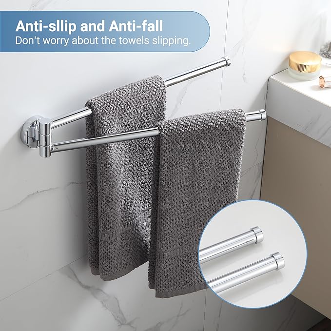 BGL Swivel Towel Bar for Bathroom Chrome,Swing Out Double Towel Bar 2-Arm Kitchen Wall Mounted Towel Hanger Holder for Bathroom Organizer-NeatNest