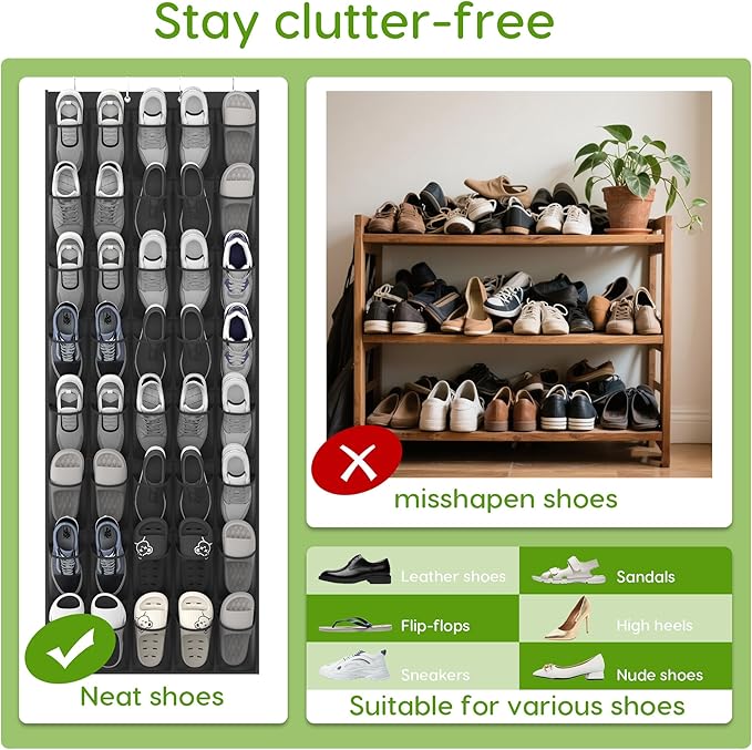 Unjumbly Over the Door Shoe Organizer with 40 Large Breathable Mesh Pockets, Space Saving Shoe Holder, Hanging Shoe Rack for Entryway Bedroom Closet Storage (Black, 40 Pockets)-NeatNest