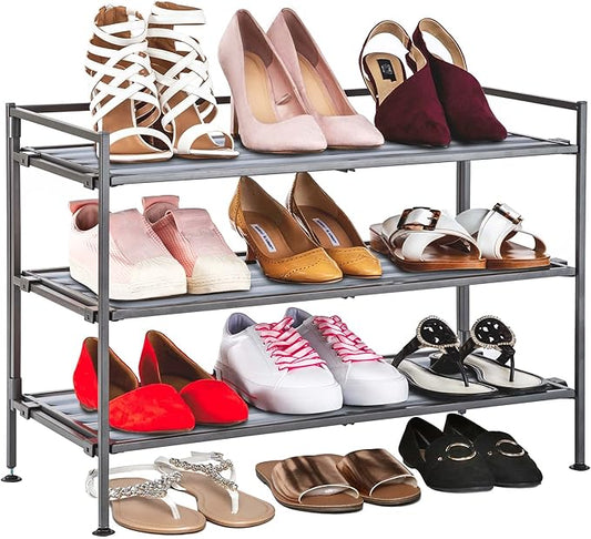 Seville Classics Sturdy Freestanding Storage Shelf for Bedroom, Closet, Entryway, Dorm Room Organizer Stackable Durable Metal Shoe Rack Silver Mist Slat, 3-Tier-NeatNest