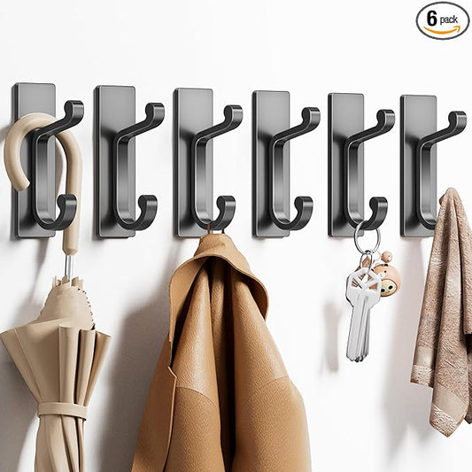 6 Pack Self Adhesive Wall Black Hooks - Sticky Hooks Wall Mount for Clothes, Towel, Robes, Keys, Purse, Backpack, Heavy Duty Hooks for Door Kitchen Bathroom Shower Rental Houses, Hold 10Lbs.