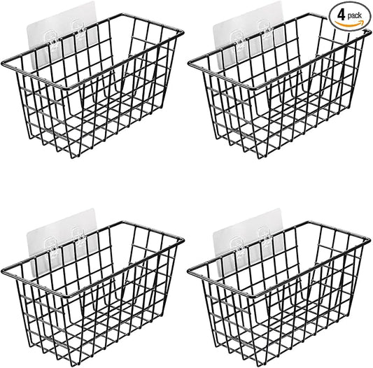 Orgneas Hanging Wall Baskets with Adhesive, Over the Cabinet Door Organizer Wire Storage Baskets for Kitchen Cabinet Pantry RV Storage and Organization, Black, 4 Packs