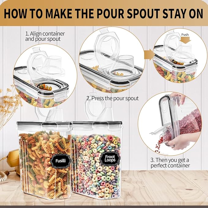 PRAKI Cereal Containers Storage Set (4L,135.2 Oz), 4PCS Airtight Food Storage Containers with Pour Spout for Kitchen & Pantry Organization Cereal Dispensers with 20 labels, Measuring Cup & Marker-NeatNest