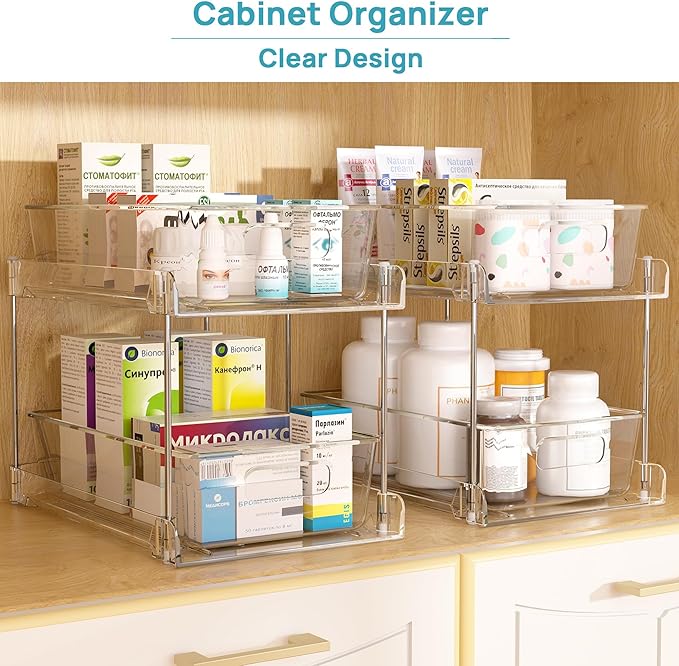 Vtopmart 4 Pack Bathroom Organizer, 2 Tier Clear Under Sink Organizers Vanity Countertop Storage Container,Cabinet Drawers Bins, Pull-Out Organization with Track for Pantry, Kitchen-NeatNest