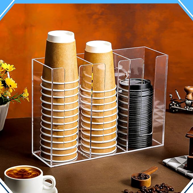 3 Compartments Acrylic Coffee Cup Dispenser Organizer Paper Cup Lid Sleeve Holder Organizer Coffee Shop Supplies Holder Storage for Counter Wall(Clear)-NeatNest