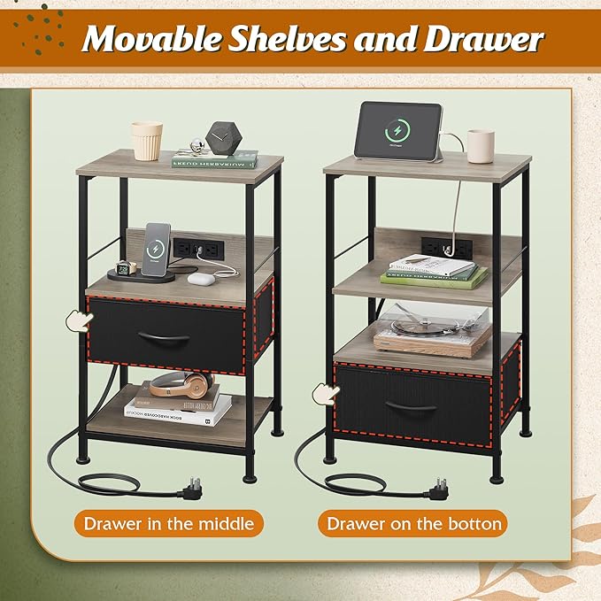 WLIVE LED Nightstand, Night Stand with Charger Station, Bedside Table with Fabric Drawer and Adjustable Open Shelves, Small End Side Tables for Bedroom, Grey