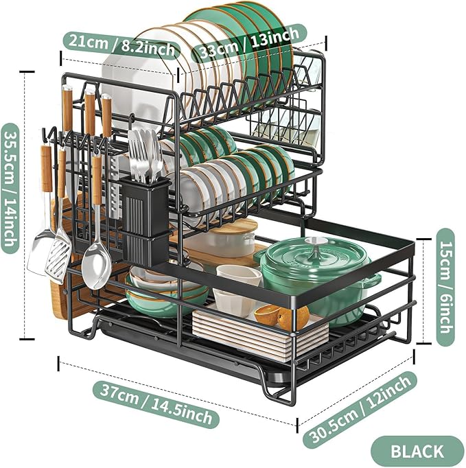 MIUOPUR 3 Tier Detachable Dish Drying Rack with Drainboard, Large Capacity Dish Drainer with Utensil Holder, Space-Saving Kitchen Counter Organizer for Plates, Bowls, Cups, Cutlery, Knifes