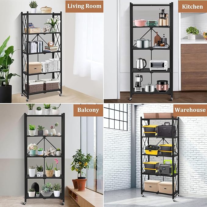 2025 Upgraded Portable 5-Tier Foldable Storage Shelves with Wheels Heavy Duty Storage Shelf Collapsible Shelves Unit Display for Garage Storage Kitchen Pantry & Closet Organizer, Space Black