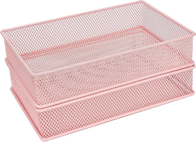 Annova Mesh Stackable Drawer Cabinet and Shelf Organizer Bins Storage Basket School Office Supply Holder Tray- Set of 2 (Light Pink, 6x9x2 Inch)-NeatNest
