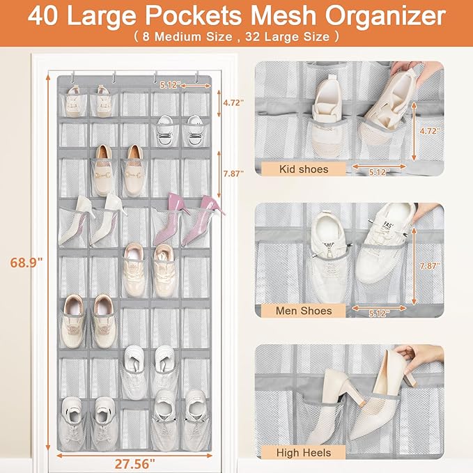 FENTEC 40 Large Pockets Over The Door Shoe Organizer, Mesh Hanging Shoe Organizer Shoe Rack for Closet Mesh Closet Shoe Holder, Over Door Organizer, Shoe Organizer for Wall, Grey, 1 Pack-NeatNest