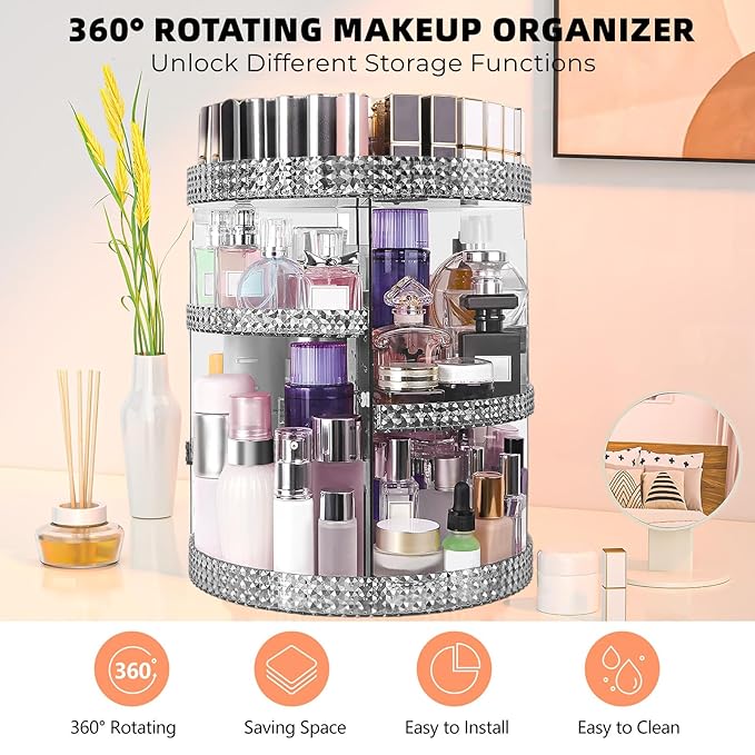 360 Degree Rotating Makeup Organizer, Extra Large Capacity Cosmetic Storage Unit, Removable DIY 7 Layers Skincare Organizer, Acrylic Beauty Perfume Organizer for Vanity Countertop (Gray)-NeatNest