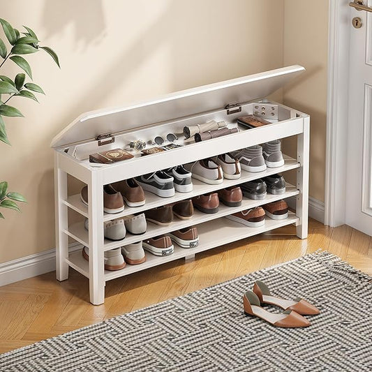 Shoe Rack Bench Seat Rubberwood 3-Tier Wooden Storage Bench 550lbs Compact Mid-Century Modern Design for Entryway, Hallway, Closet, Front Door Entrance, Foyer-NeatNest