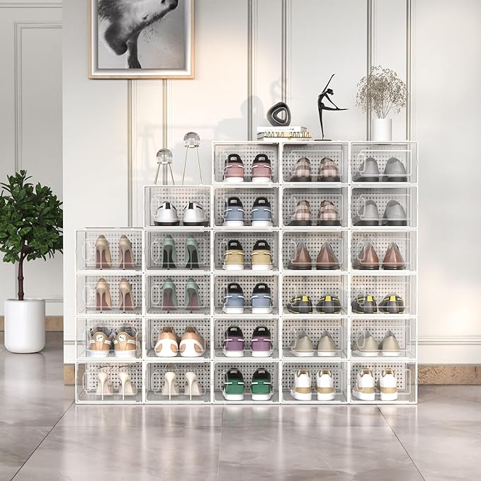 12 Pack Large Modular Clear Plastic Stackable Shoe Storage Organizer for Closet, Space Saving Versatile Sneaker Shoe Rack Containers Bins Holders, Portable Closet Organizers and Storage, White-NeatNest