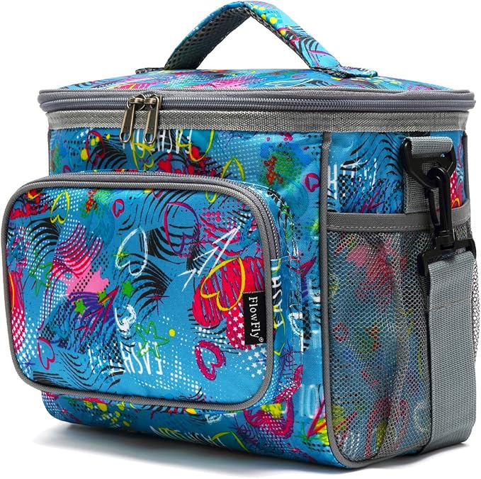 FlowFly Insulated Reusable Lunch Bag Adult Large Lunch Box for Women and Men with Adjustable Shoulder Strap,Front Zipper Pocket and Dual Large Mesh Side Pockets,Heart-NeatNest