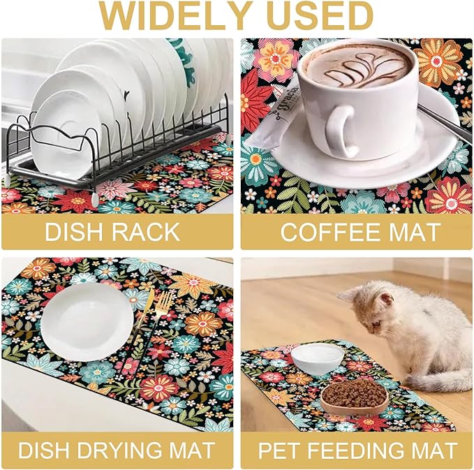 Colorful Embroidery Flowers Dish Drying Mats Super Absorbent Dish Drainer Rack Pad Non-Slip Drying Mat for Kitchen Counter, 20"x12"-NeatNest