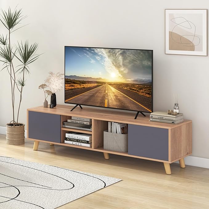 Tangkula TV Stand for TVs up to 65 Inch, Media Entertainment Center with 2 Doors, Open Shelves, TV Console Table with 3 Cable Management Holes, TV Cabinet for Living Room (Natural + Gray, for 65" TV)-NeatNest