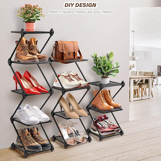 Vertical Shoe Rack 4 Tier Small Shoe Rack Shelf for Entryway Tall Narrow Shoe Organizer Metal Shoe Storage for Closet,Front Door Entrance, Living Room, Black-NeatNest