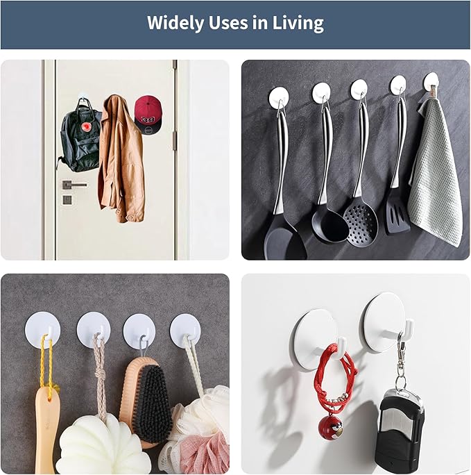 Adhesive Hooks Heavy Duty Waterproof in Shower Hooks for Hanging Loofah, Towels, Clothes for Bathroom Removable Adhesive Wall Hooks Door Hook Stainless Steel Stick on Hooks 4 Pcs (White)