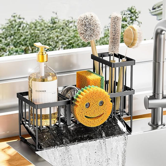 Cisily Sink Caddy With Smiley Face Sponge Holder, 304 Stainless Steel Rustproof(Black)-NeatNest