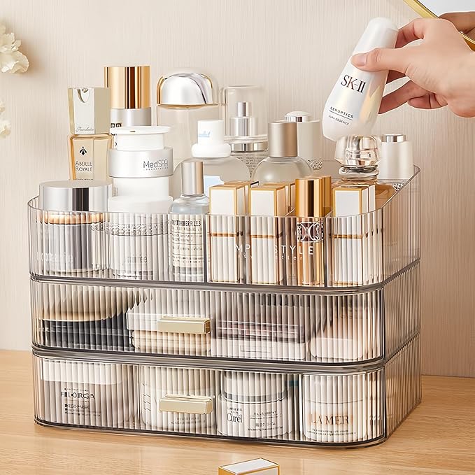 Clear Makeup Organizer for Vanity, Large Desk Organizer with Stackable Drawers for Cosmetics, Skincare, Lipsticks, Eyeshadow Palette, Nail Care, Ideal Storage for Dresser and Bathroom Countertop