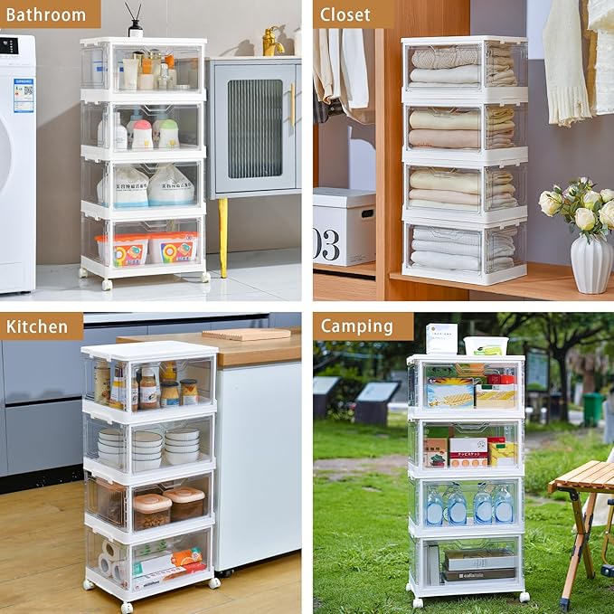 Collapsible Plastic Storage Bins with WheelsClear Stackable Storage Bins with Lid Stackable Storage Bins with Open Door Folding Storage Bins Organizer for Closet Bedroom Living Room-NeatNest