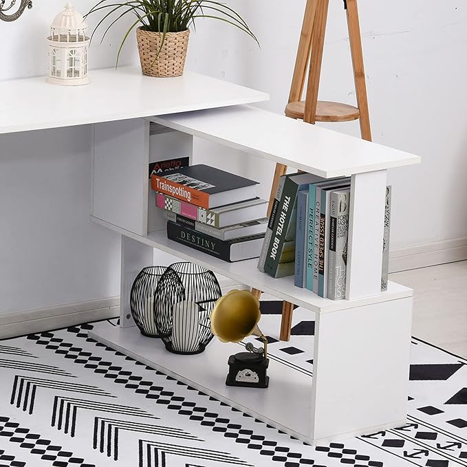 HOMCOM L Shaped Desk, Corner Computer Desk, 360 Degree Rotating Home Office Desk with Storage Shelves, Writing Table Workstation, White-NeatNest
