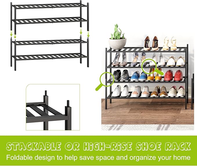 BMOSU 2-Tier Bamboo Extended Shoe Rack Premium Stackable Shoe Shelf Storage Organizer for Hallway Closet Living Room Entryway Organizer (Black Bamboo)-NeatNest