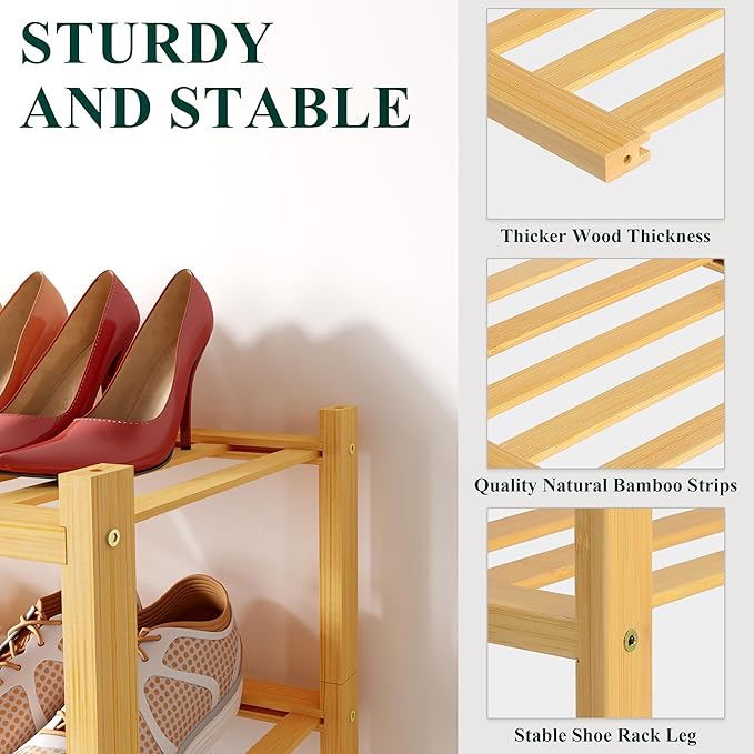 Smiry Shoe Rack, 2 Tier Small Bamboo Shoe Organizer, Stackable Free Standing Wooden Shoe Storage Shelf for Closet, Entryway, Front Door Entrance, Natural-NeatNest
