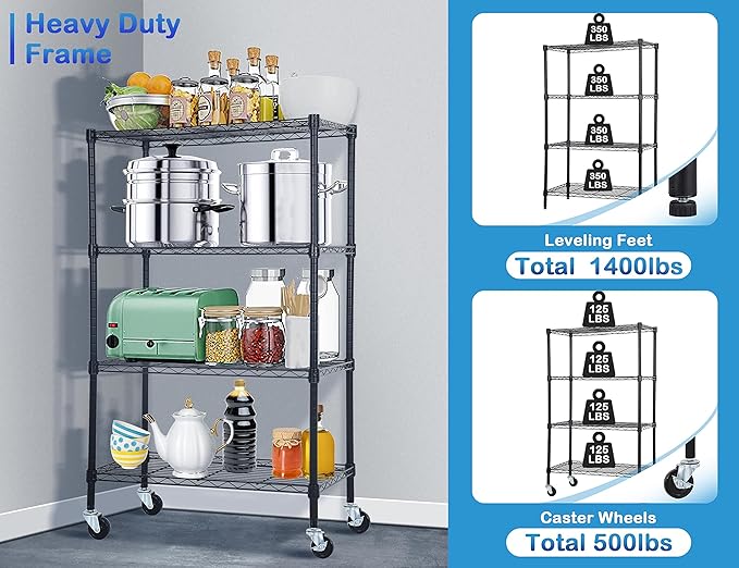 4-Tier Metal Wire Shelving Unit Kitchen Shelf Organizer Height Adjustable Storage Rack Utility Snack Shelf, NSF Certified Storage Shelves for Laundry Bathroom Kitchen Pantry Organization-NeatNest