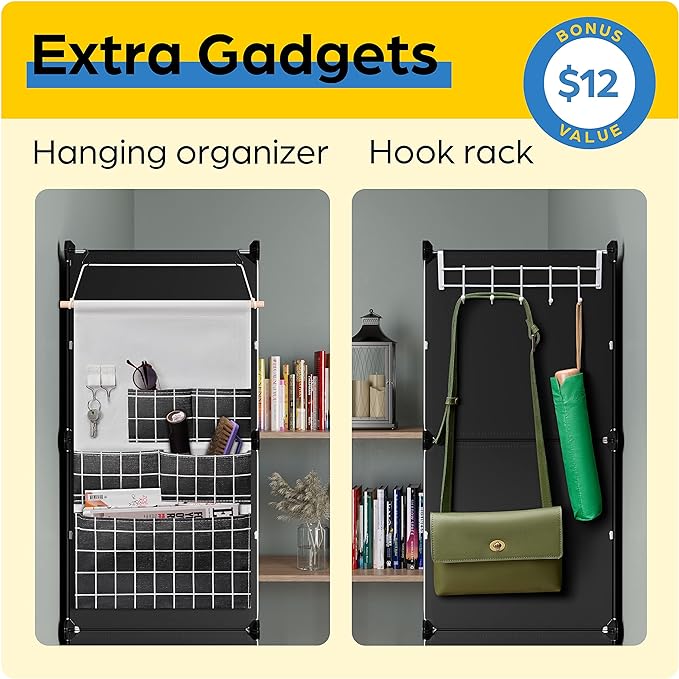 Shoe Organizer Cabinet Up to 48 Pairs, Shoe Closet-Covered Shoe Rack with See-Through Door (Clear, Plastic, Stackable) Cubby Portable Shoe Organizer with Covers, Hooks & Pockets, Black-NeatNest