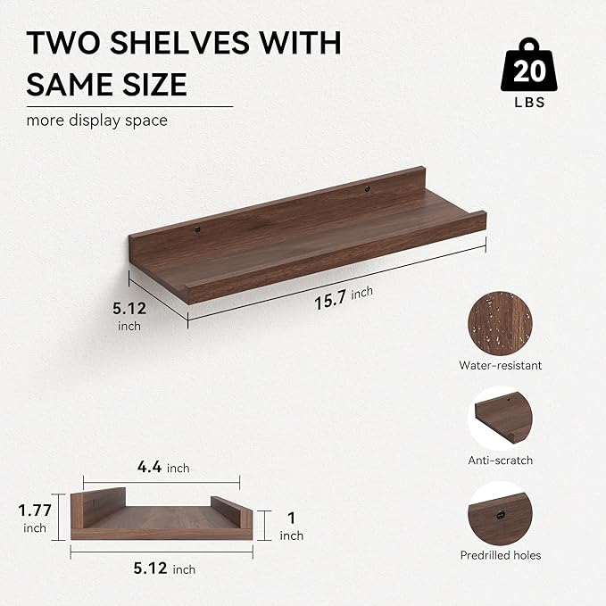 Floating Shelves Wall Mounted Set of 2, Farmhouse Wall Shelves for Storage with Lip, Display Picture Ledge Shelf for Wall Decor Bedroom Living Room Bathroom Kitchen - Walnut-NeatNest