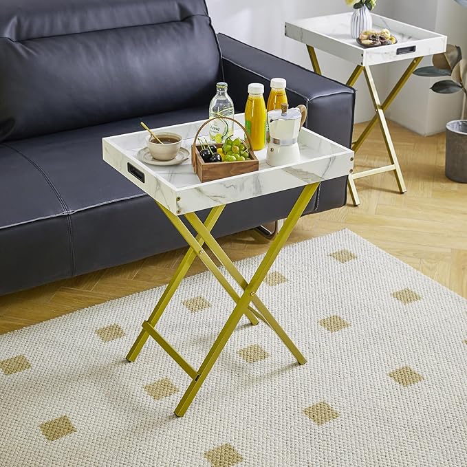 IBUYKE Foldable TV Tray Set of 2 TV,End Table with Removable Food Serving Tray,Portable Wooden Snack Table for Livingroom, Bedroom, Office, Camping, White with Gold UTVT001G-NeatNest