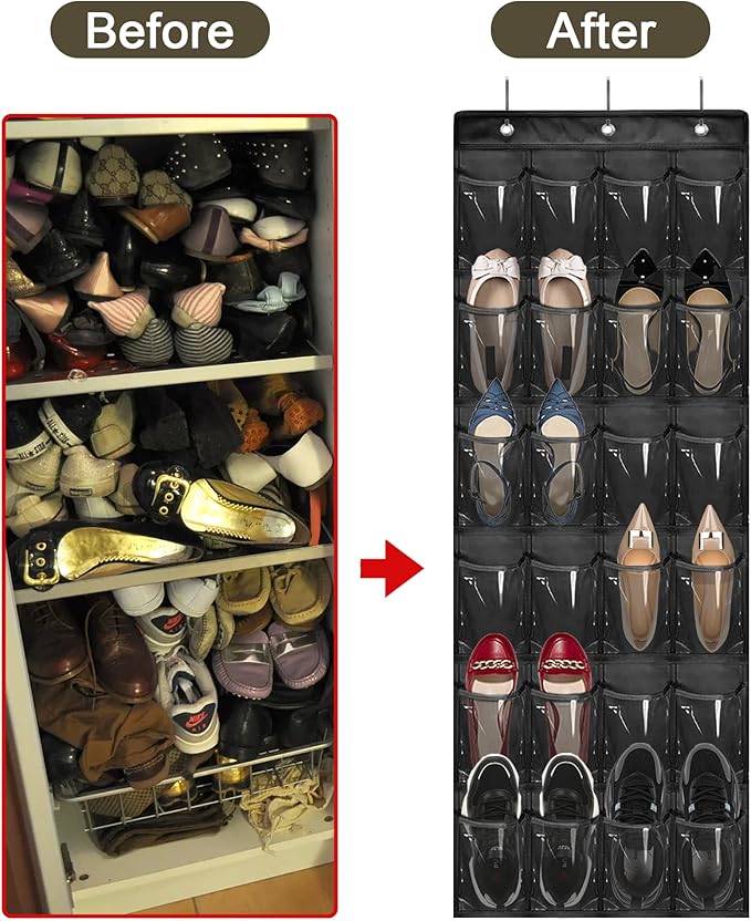 Over The Door Shoe Organizer - Space Saving Shoe Rack for Closet Door with 24 Pockets and Hook, Shoe Holder Back of Door Organizers for Shoes, Hanging Shoe Organizer (Black)-NeatNest