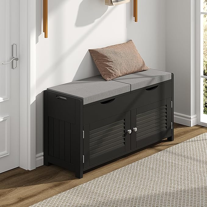 ChooChoo Shoe Storage Bench with Lift Top Storage, Entryway Bench with 2 Cushioned Seats, 3 Compartments, Adjustable Shelf, Shoe Cabinet for Entryway, Bedroom, Living Room, Black-NeatNest