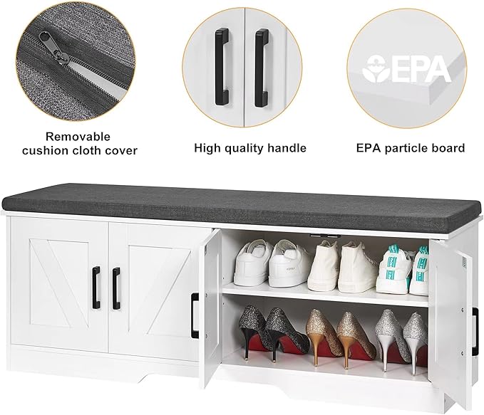 2-Tier Storage Bench, Shoe Bench with Padded Seat Cushion, Entryway Bench with 4 Barn Doors, Adjustable Shelf, 13.8" D x 47.2" W x 17.7" H, for Entryway, Living Room, Bedroom, White-NeatNest