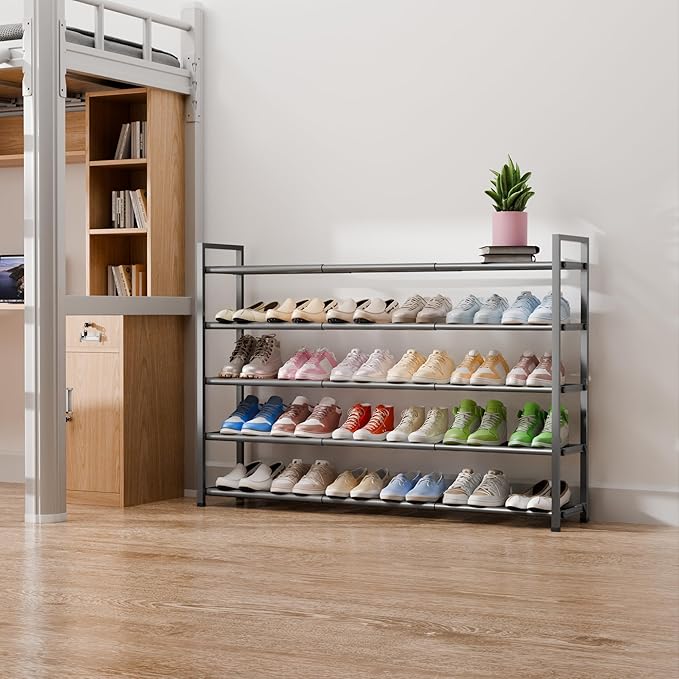 Bumusty 5-Tier Long Expandable Shoe Rack for Closet, 18"-44" Adjustable Shoe Rack for Entryway, 25-30 Pairs Large Shoe Organizer Shelf Storage, Sturdy Metal, Grey-NeatNest
