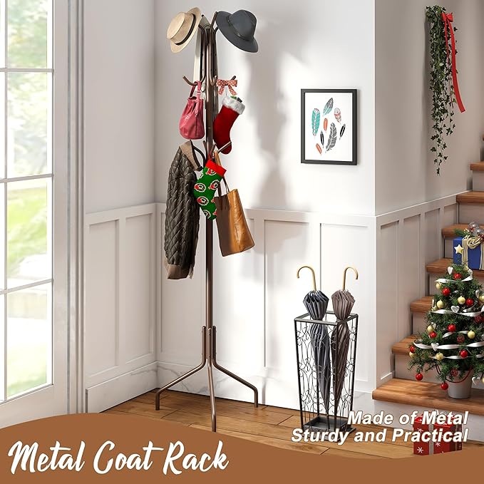 FILWH Coat Rack Freestanding Coat Tree Standing Coat and Hat Hanger Jacket Organizer Rack Metal,18.3" L x 18.3" W x 71.5" H, Brown-NeatNest