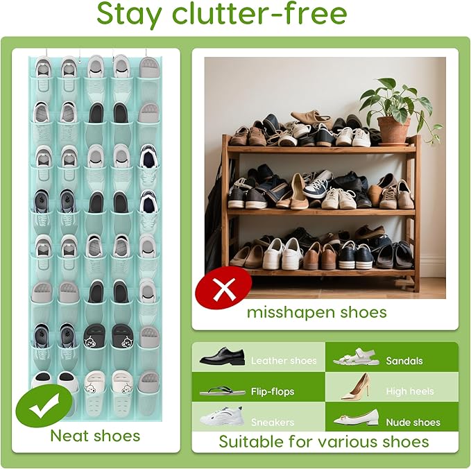 Unjumbly Over the Door Shoe Organizer with 40 Large Breathable Mesh Pockets, Space Saving Shoe Holder, Hanging Shoe Rack for Entryway Bedroom Closet Storage (Mint Blue, 40 Pockets)-NeatNest