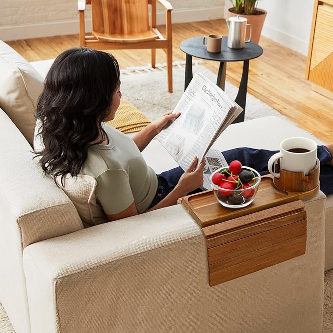 Couch Cup Holder Tray, 15.75" Acacia Wood Couch Armrest Table, 3 in 1 Foldable Sofa Clip on Side Table with 360° Phone Stand, Armrest Tray for Coffee Snacks-NeatNest