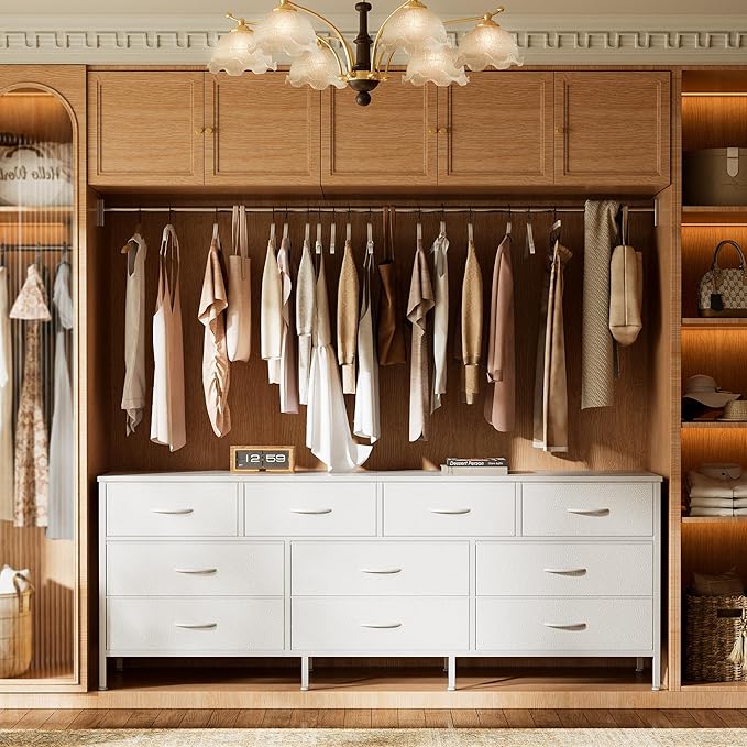 Huuger 63 Inch Dresser for Bedroom, Long Dresser with 10 Fabric Drawers, TV Stand for 55, 65, 70 Inch TV, Toy Storage Organizer for Closet, White-NeatNest