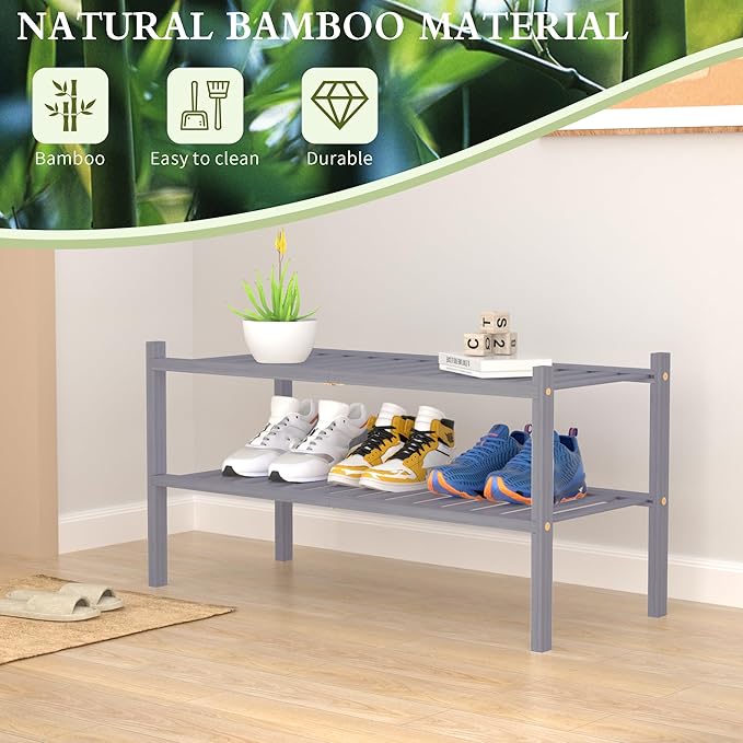 2 Tier Bamboo Shoe Rack for Closet Free Standing Wood Shoe Shelf for Entryway Small Space Stackable 27"x11"x13" (Grey)-NeatNest
