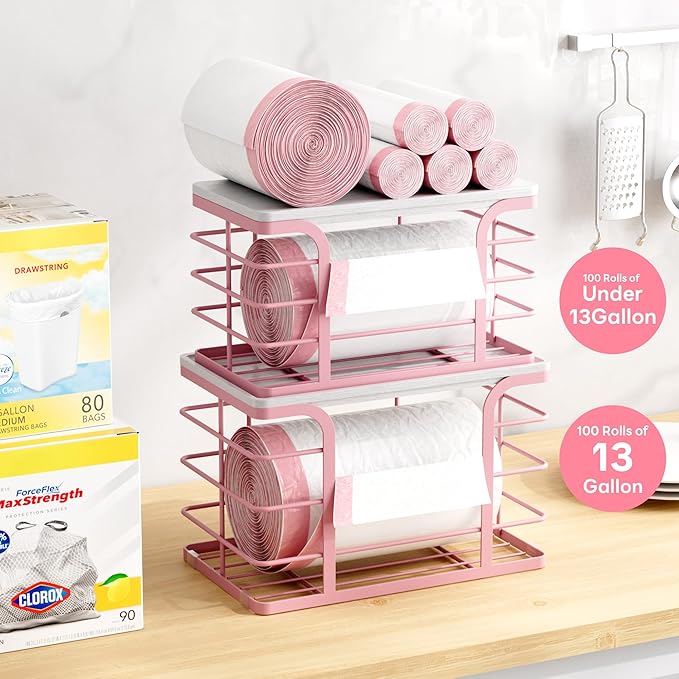 2 Pack Trash Bag Dispenser with Bamboo Top,Wall Mount Garbage Bag Holder,Stackable Kitchen Laundry Pantry Organizers for Countertop Organization,Pink-NeatNest