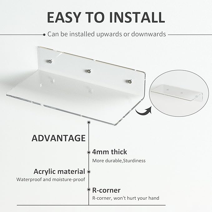12 Inches Clear Wall Shelves, Moisture-Proof Acrylic Bathroom Organizer Shelves for Wall, Floating Shelves for Bathroom, Funko Pop Shelves, 4 Pack-NeatNest