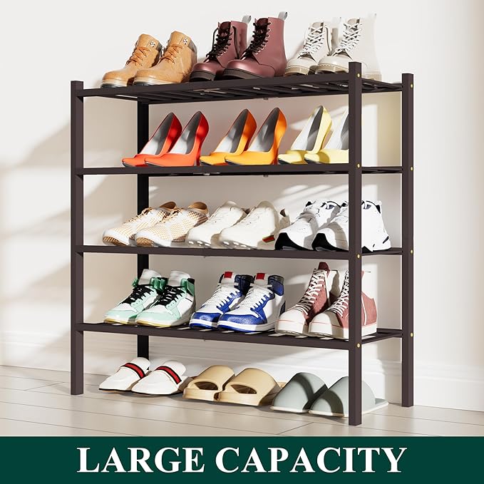 Smiry Shoe Rack, 4 Tier Bamboo Shoe Organizer, Stackable Free Standing Wooden Shoe Storage Shelf for Closet, Entryway, Front Door Entrance, Brown-NeatNest