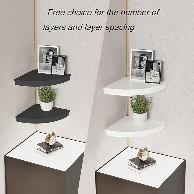 HAO Floating Corner Shelf Invisible Wall Mounted Shelves Radial Shape Cable Wire Hole Pattern Perfect for Bedroom Bathroom Living Room Kitchen Set of 2 Black-NeatNest